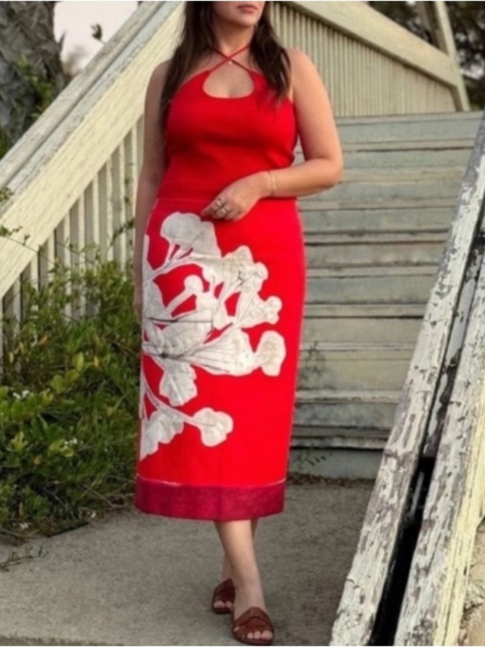 ZARA Red White Floral Linen Cotton Pencil Skirt - Picture 6 of 11